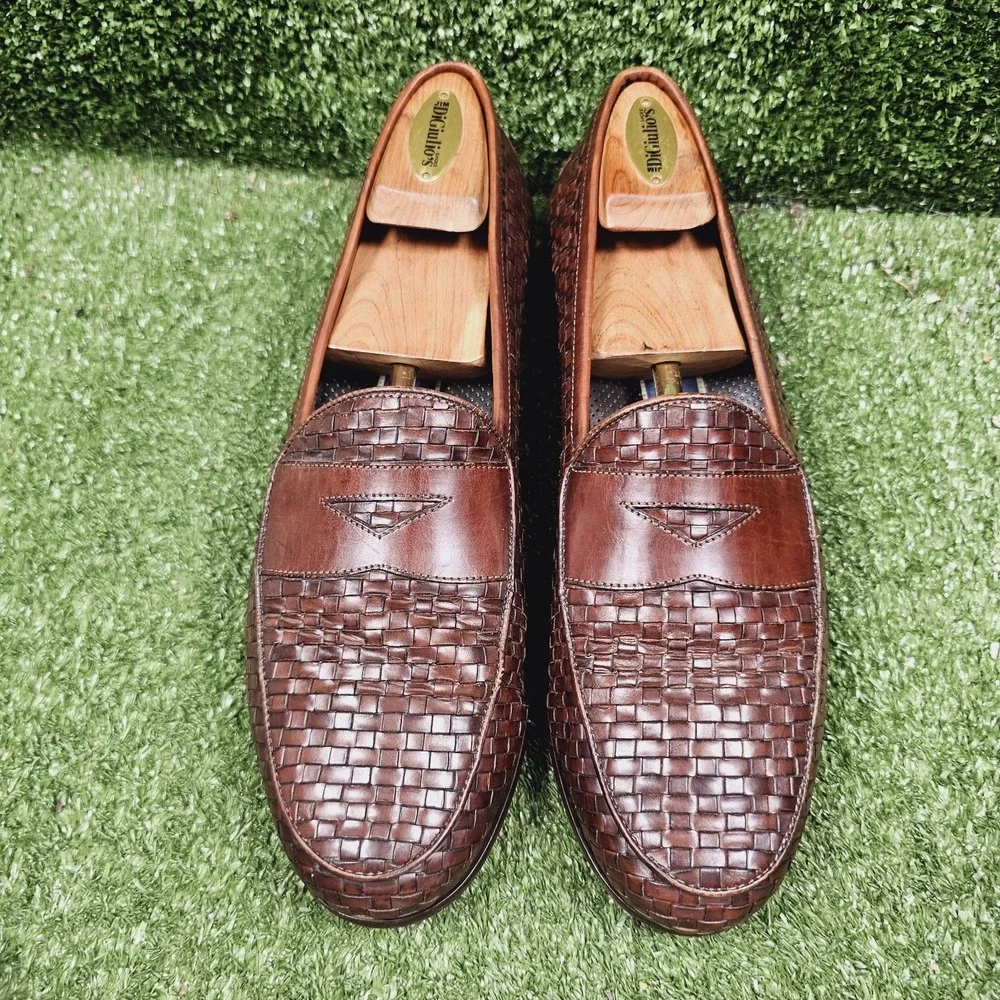 Bragano‎ Brown Leather Slip On Woven Penny Loafer Dress Shoes Mens Size 10 M